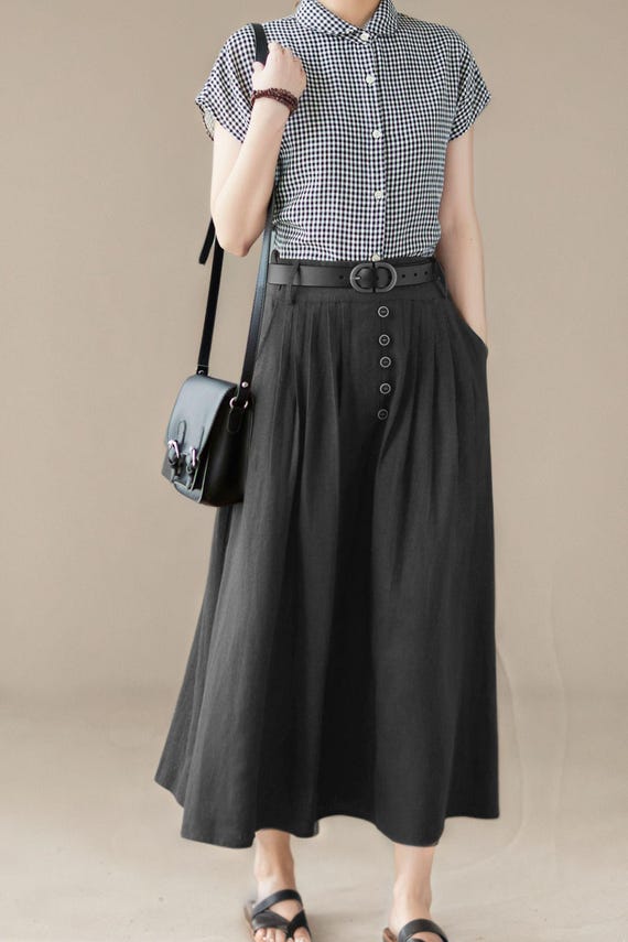 Brown Cotton Linen Maxi Skirt - Pleated A-Line Flared Silhouette C5007