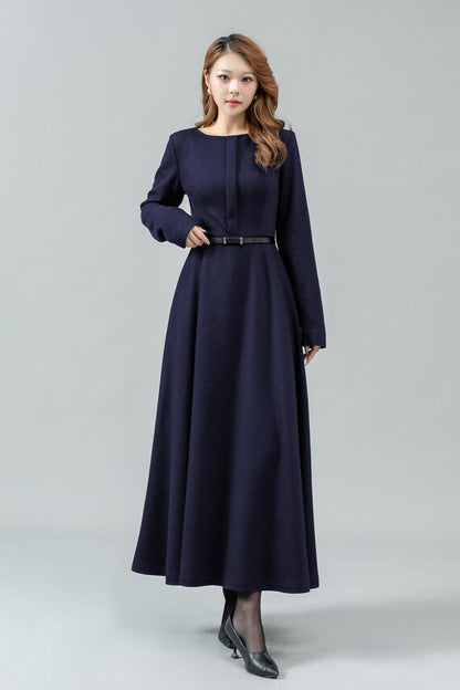 Army Green Wool Maxi Dress - A-Line Silhouette with Long Sleeves C5175