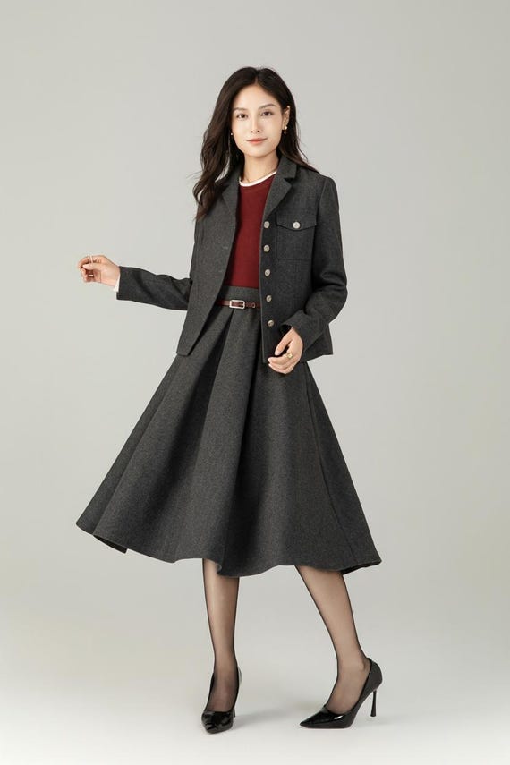 Grey Wool Suit Set - Vintage Style Jacket & Flared Skirt C5252