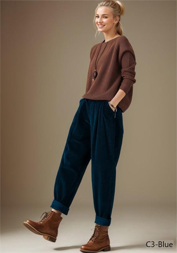 Olive Green Corduroy Harem Pants - Oversized Comfortable Boho Trousers C5296