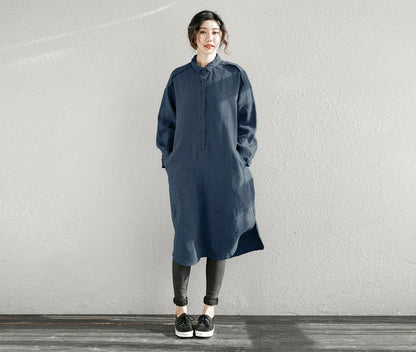 Linen Shirt Dress, Oversized blue Linen dress C1994