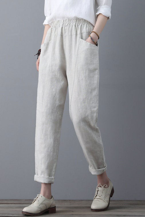 Casual Elastic Waist Cropped linen Pants C1863 #CK2101225