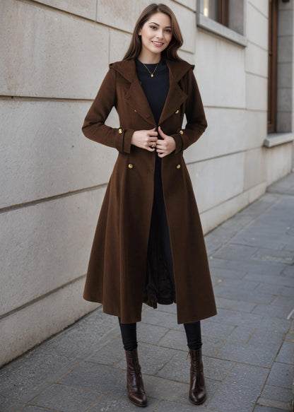 Brown Wool Blend Trench Coat – Hooded Double Breasted Belted, Midi Winter Coat, Ylistyle C5293