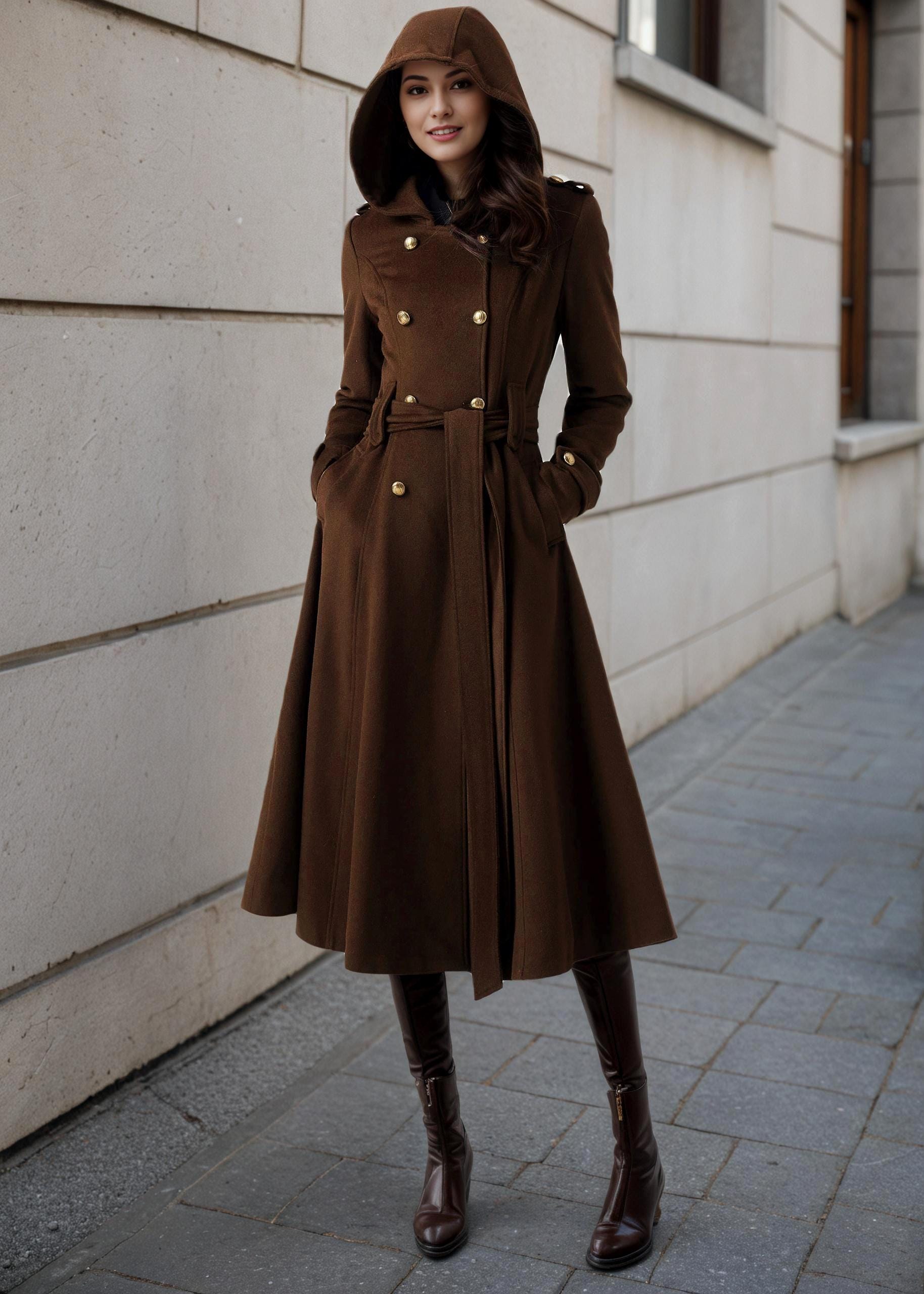 Brown Wool Blend Trench Coat – Hooded Double Breasted Belted, Midi Winter Coat, Ylistyle C5293