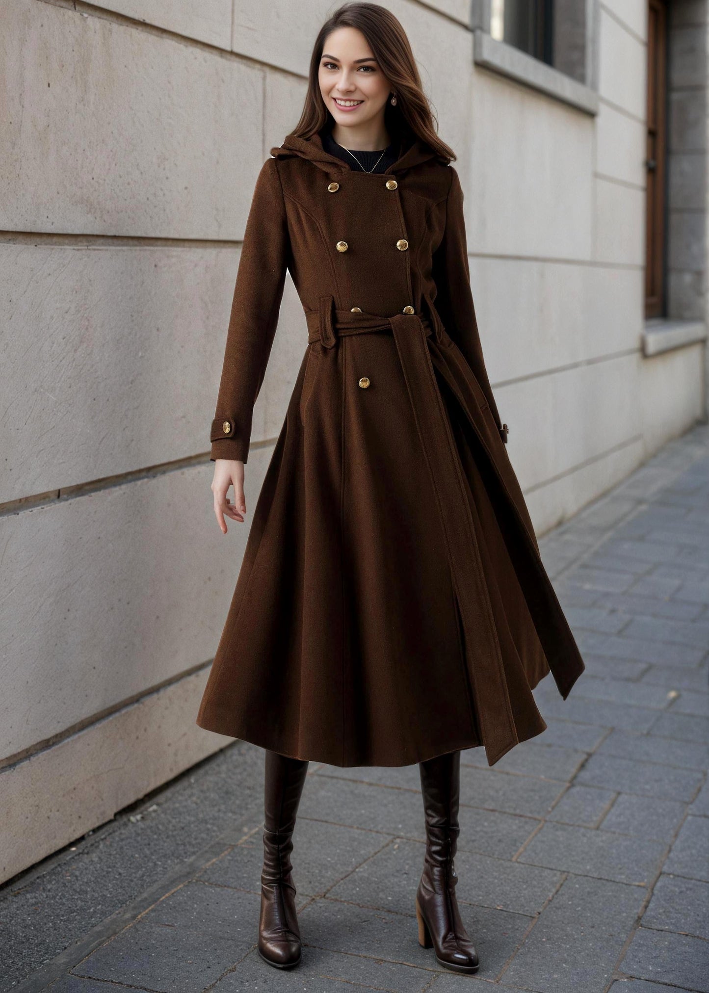 Brown Wool Blend Trench Coat – Hooded Double Breasted Belted, Midi Winter Coat, Ylistyle C5293