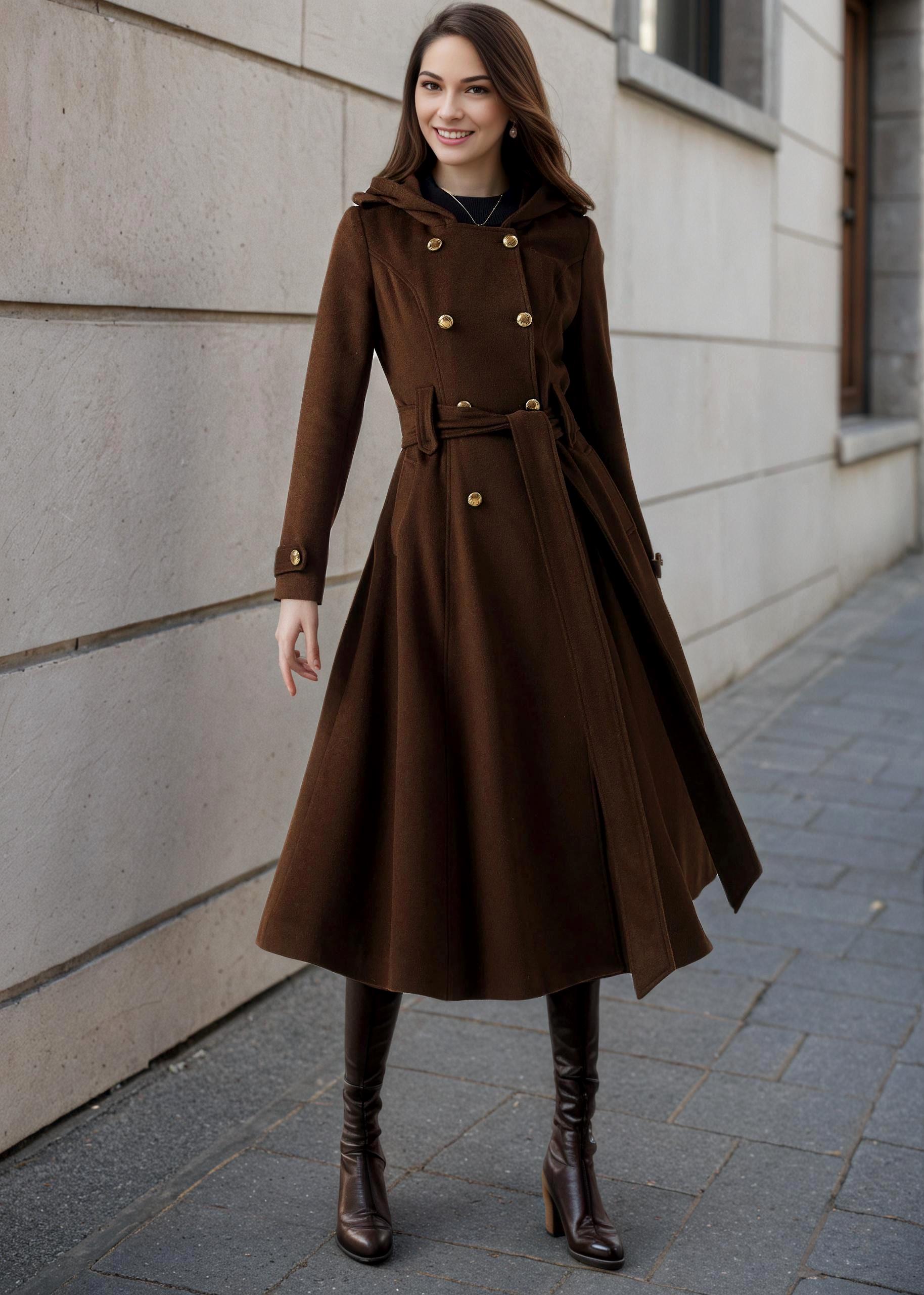 Brown Wool Blend Trench Coat – Hooded Double Breasted Belted, Midi Winter Coat, Ylistyle C5293