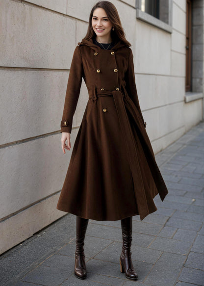 Brown Wool Blend Trench Coat – Hooded Double Breasted Belted, Midi Winter Coat, Ylistyle C5293