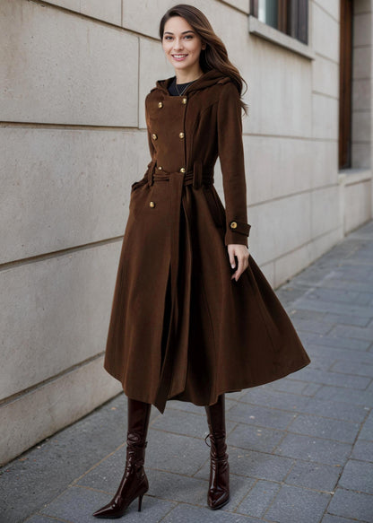 Brown Wool Blend Trench Coat – Hooded Double Breasted Belted, Midi Winter Coat, Ylistyle C5293