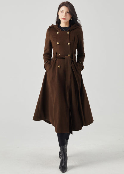 Brown Wool Blend Trench Coat – Hooded Double Breasted Belted, Midi Winter Coat, Ylistyle C5293