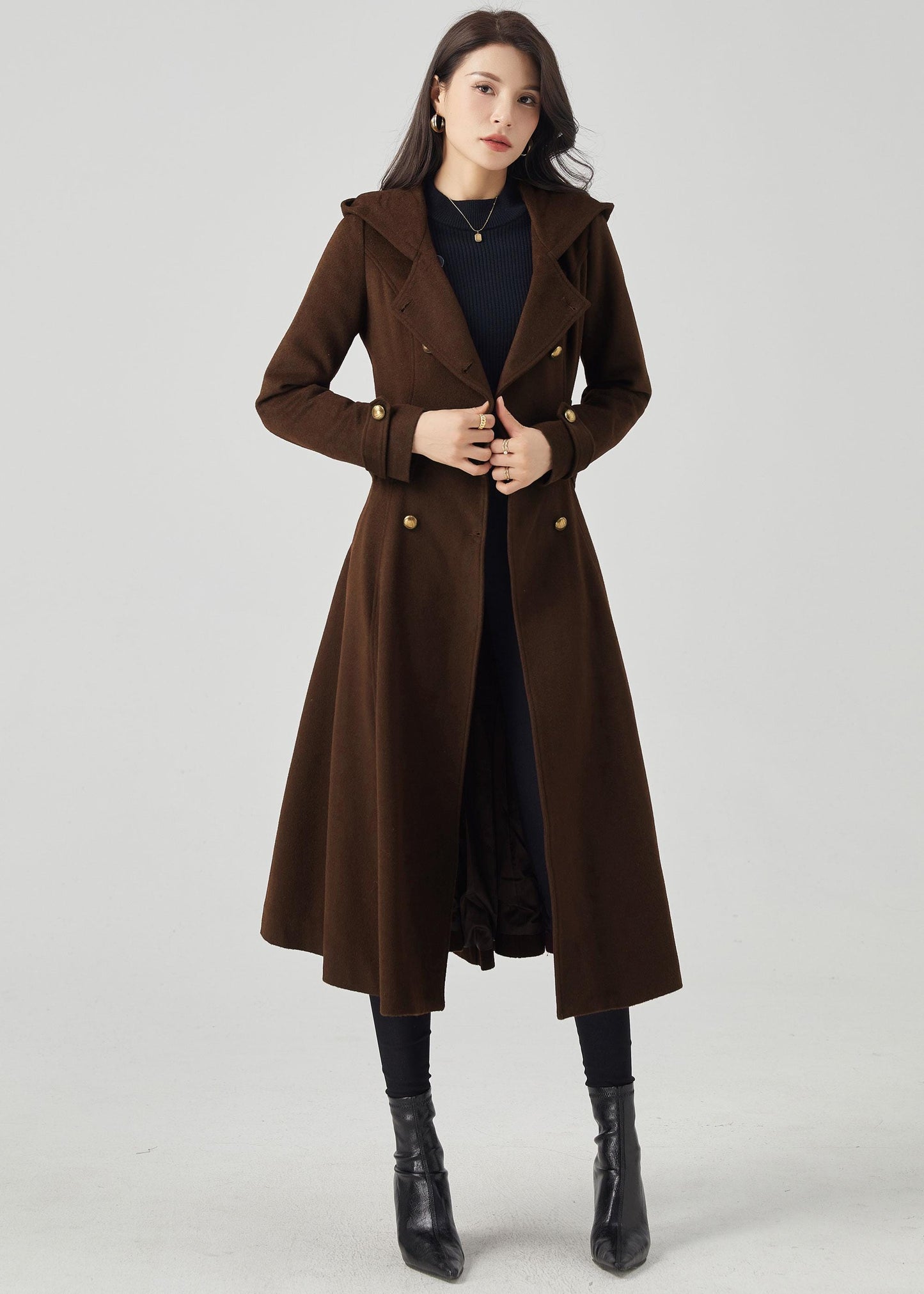 Brown Wool Blend Trench Coat – Hooded Double Breasted Belted, Midi Winter Coat, Ylistyle C5293