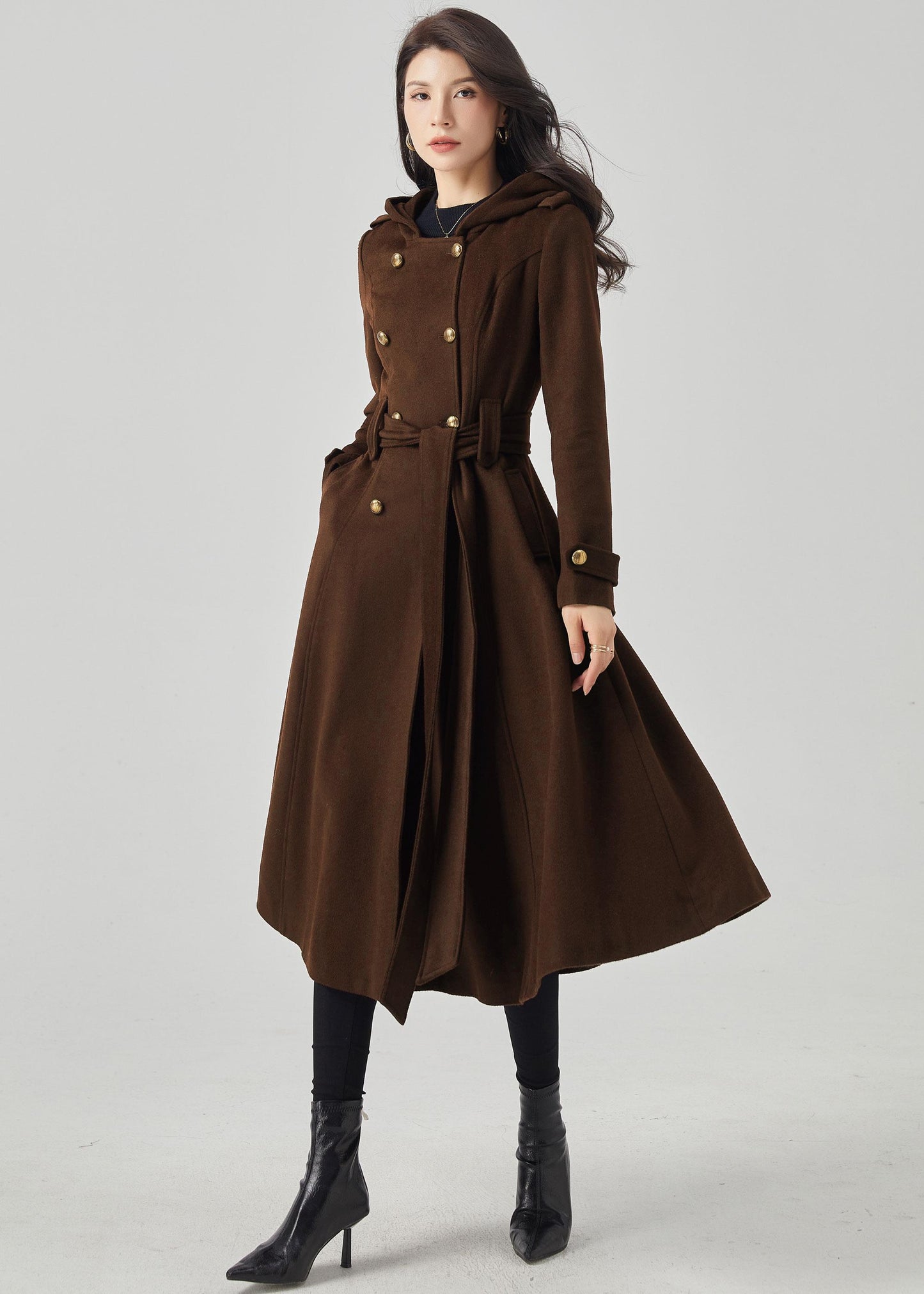 Brown Wool Blend Trench Coat – Hooded Double Breasted Belted, Midi Winter Coat, Ylistyle C5293