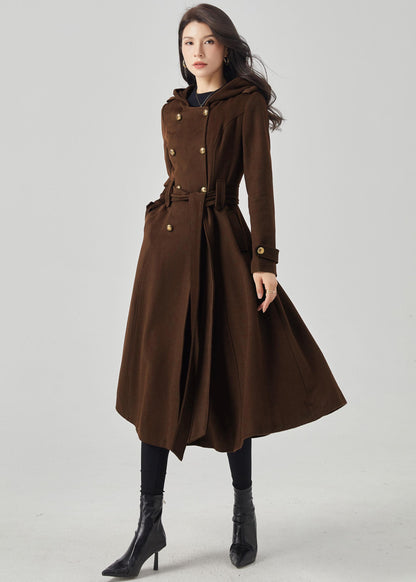 Brown Wool Blend Trench Coat – Hooded Double Breasted Belted, Midi Winter Coat, Ylistyle C5293
