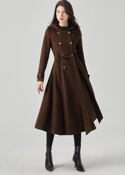 Brown Wool Blend Trench Coat – Hooded Double Breasted Belted, Midi Winter Coat, Ylistyle C5293