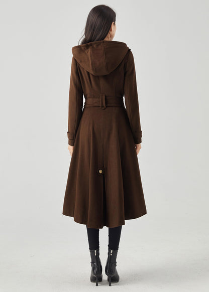 Brown Wool Blend Trench Coat – Hooded Double Breasted Belted, Midi Winter Coat, Ylistyle C5293