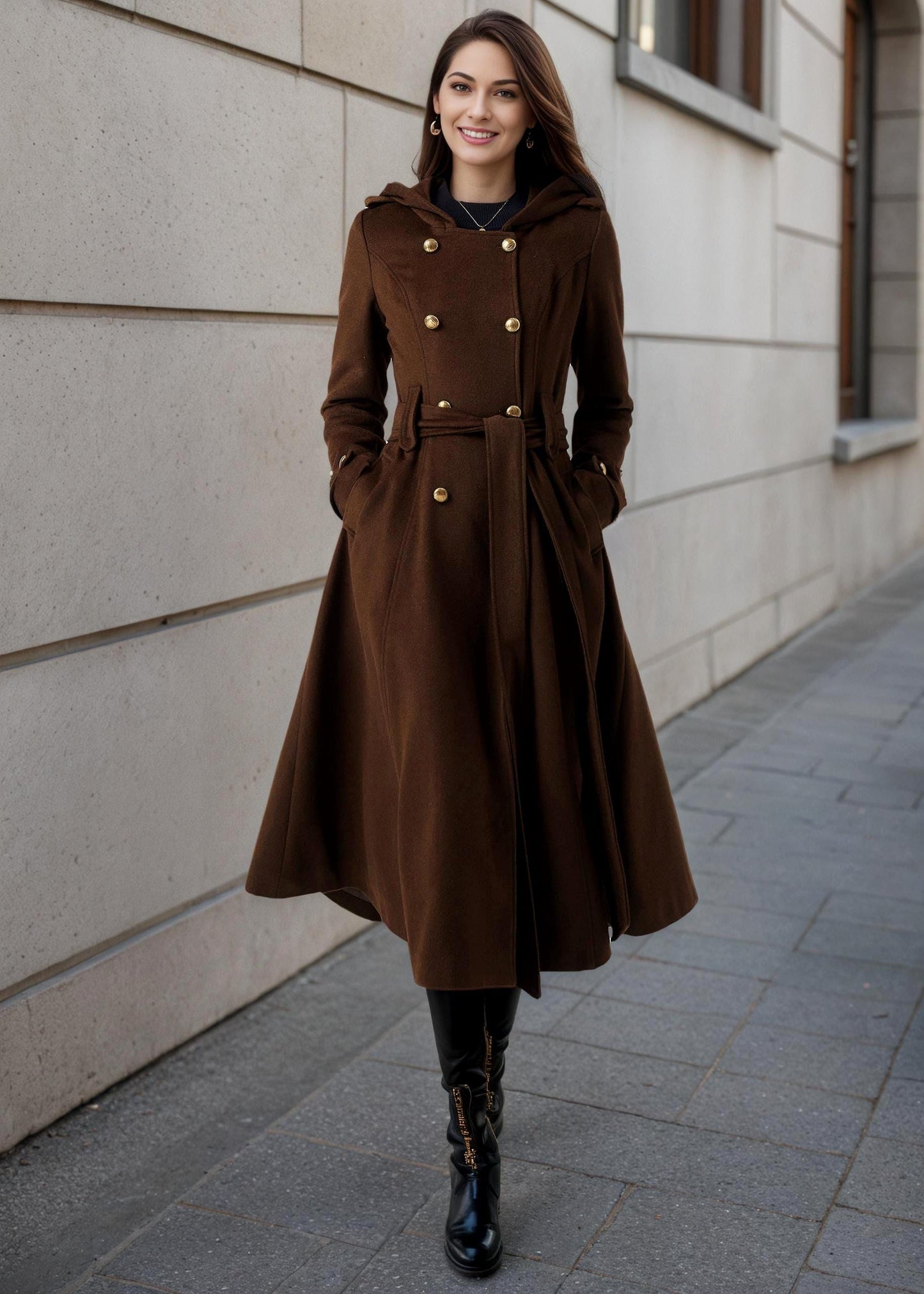 Brown Wool Blend Trench Coat – Hooded Double Breasted Belted, Midi Winter Coat, Ylistyle C5293