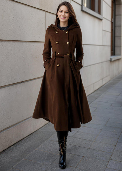 Brown Wool Blend Trench Coat – Hooded Double Breasted Belted, Midi Winter Coat, Ylistyle C5293