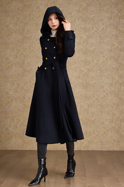 Brown Wool Blend Trench Coat – Hooded Double Breasted Belted, Midi Winter Coat, Ylistyle C5293