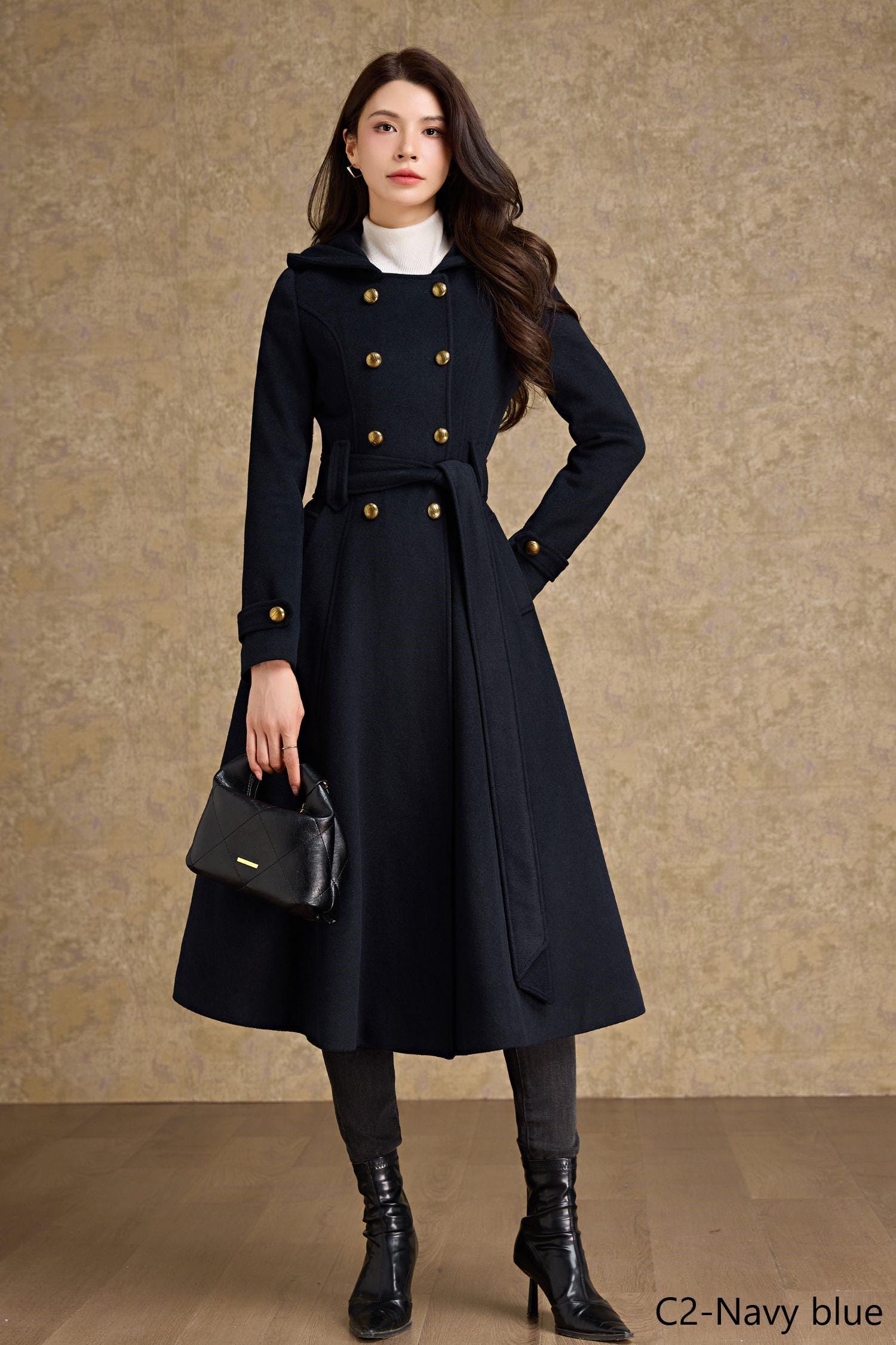 Brown Wool Blend Trench Coat – Hooded Double Breasted Belted, Midi Winter Coat, Ylistyle C5293