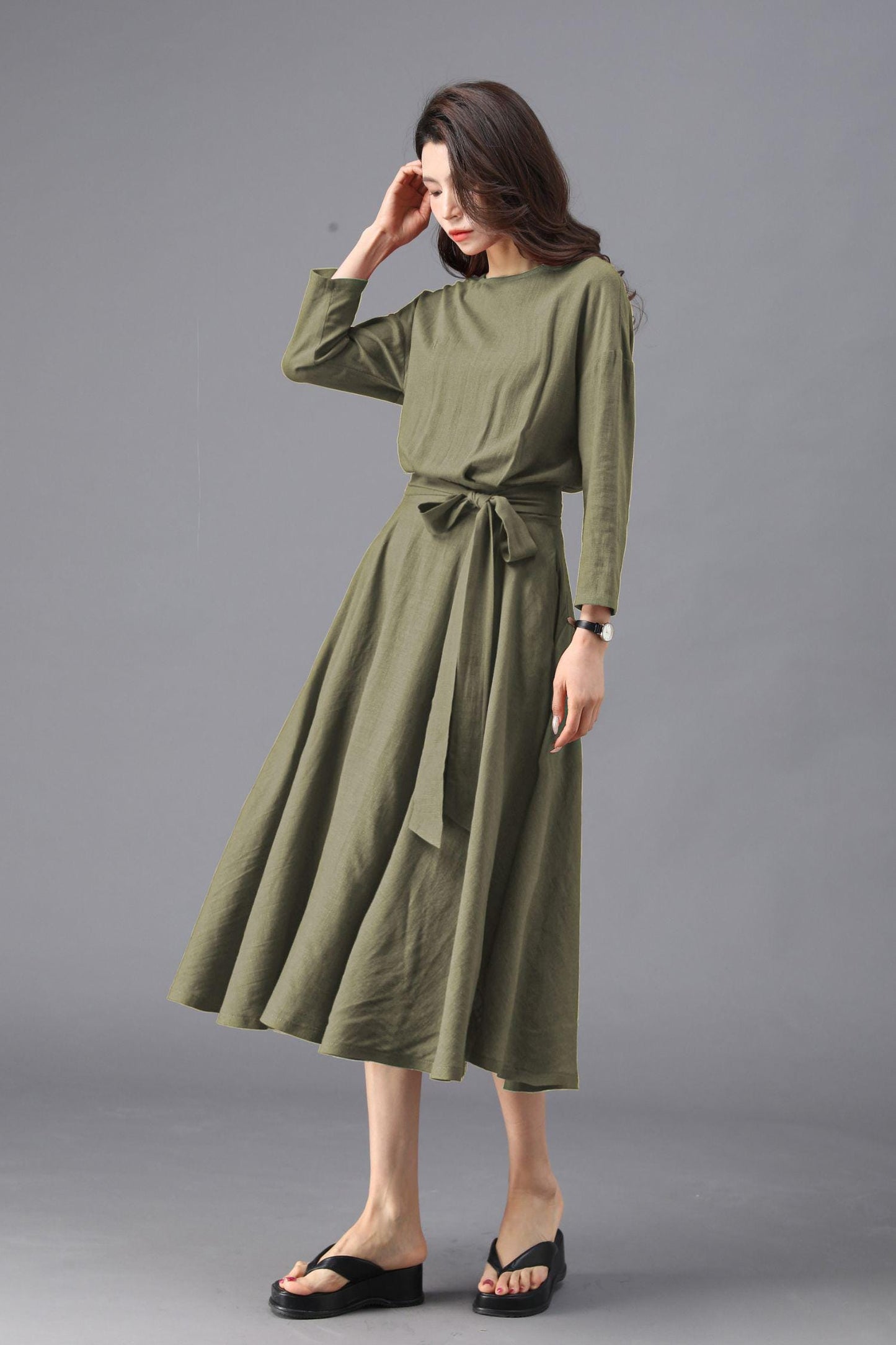 Army Green Midi Dress: Casual 3/4 Sleeve Dress with Pockets, Ylistyle C4828
