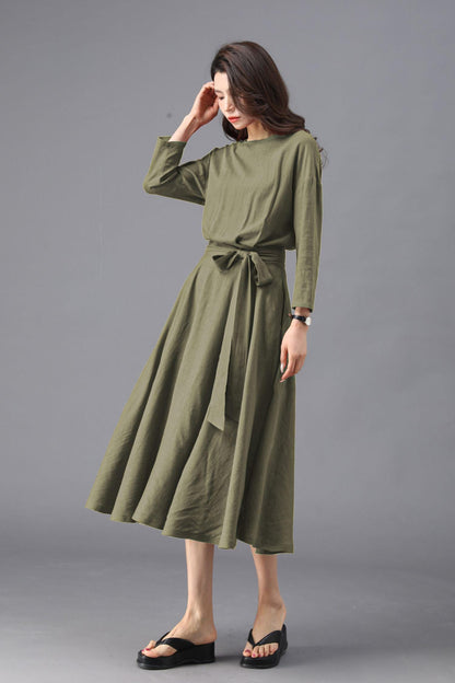 Army Green Midi Dress: Casual 3/4 Sleeve Dress with Pockets, Ylistyle C4828