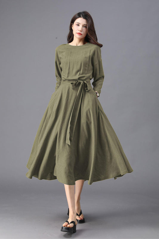 Army Green Midi Dress: Casual 3/4 Sleeve Dress with Pockets, Ylistyle C4828