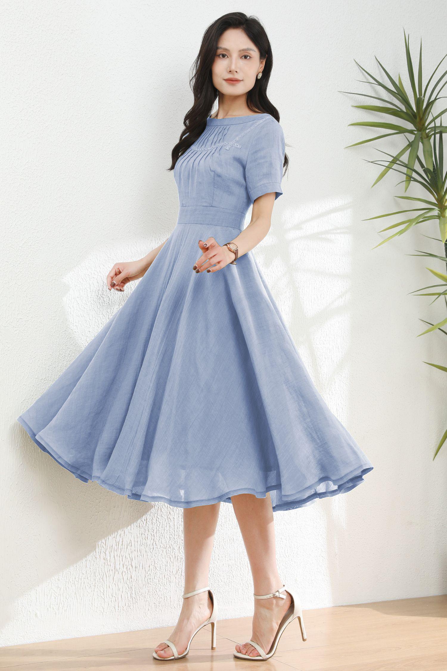 Light Blue Linen Dress: Short Sleeve Boat Neck Midi Dress, Ylistyle C5495
