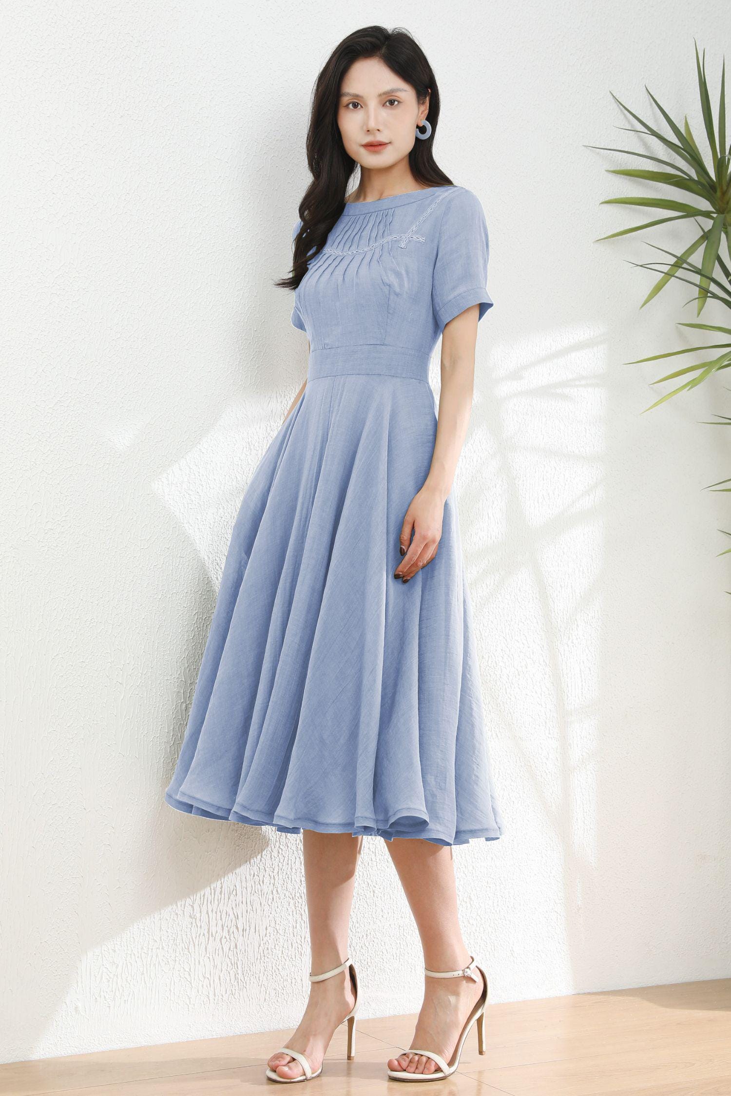 Light Blue Linen Dress: Short Sleeve Boat Neck Midi Dress, Ylistyle C5495