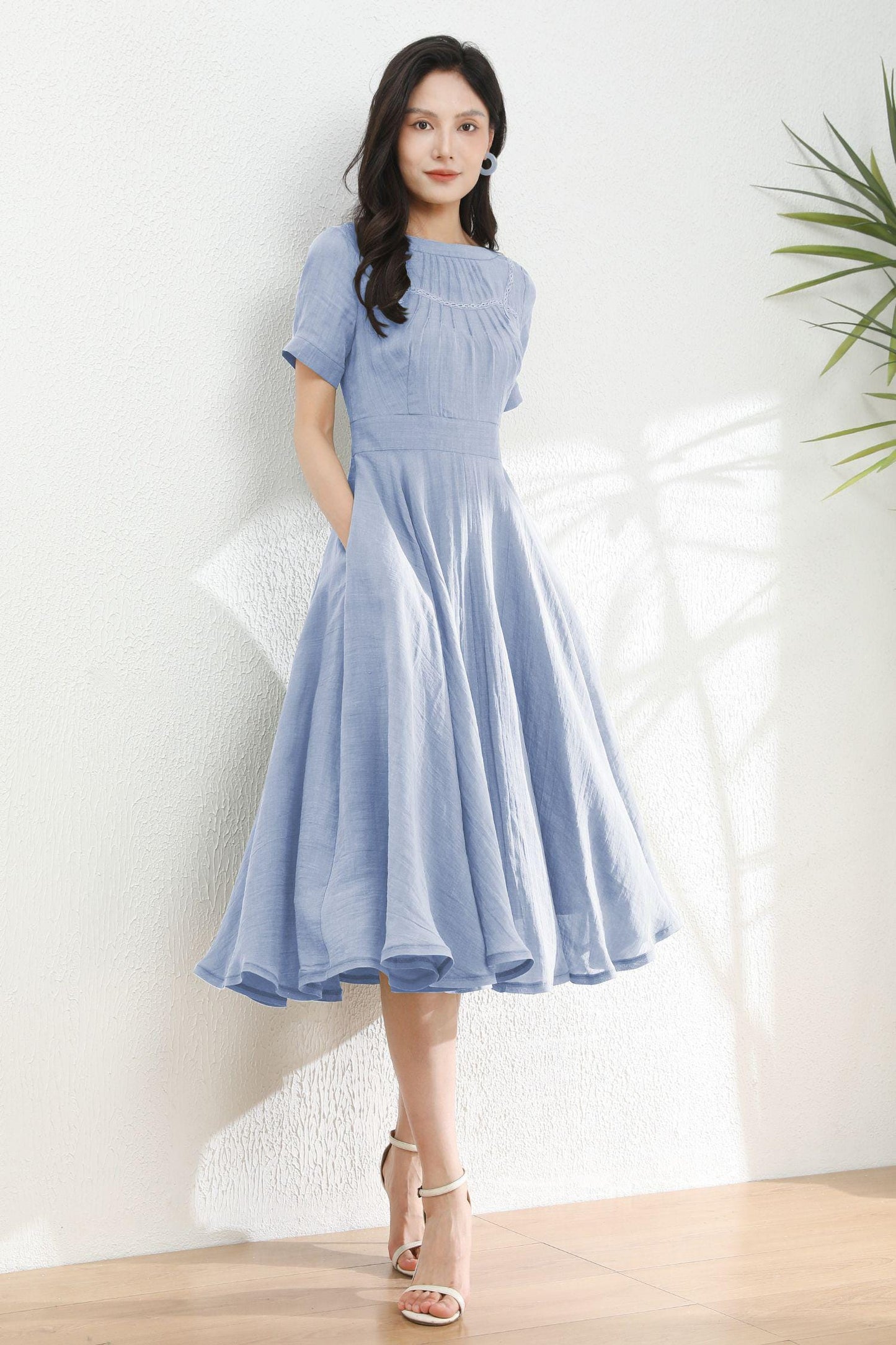Light Blue Linen Dress: Short Sleeve Boat Neck Midi Dress, Ylistyle C5495