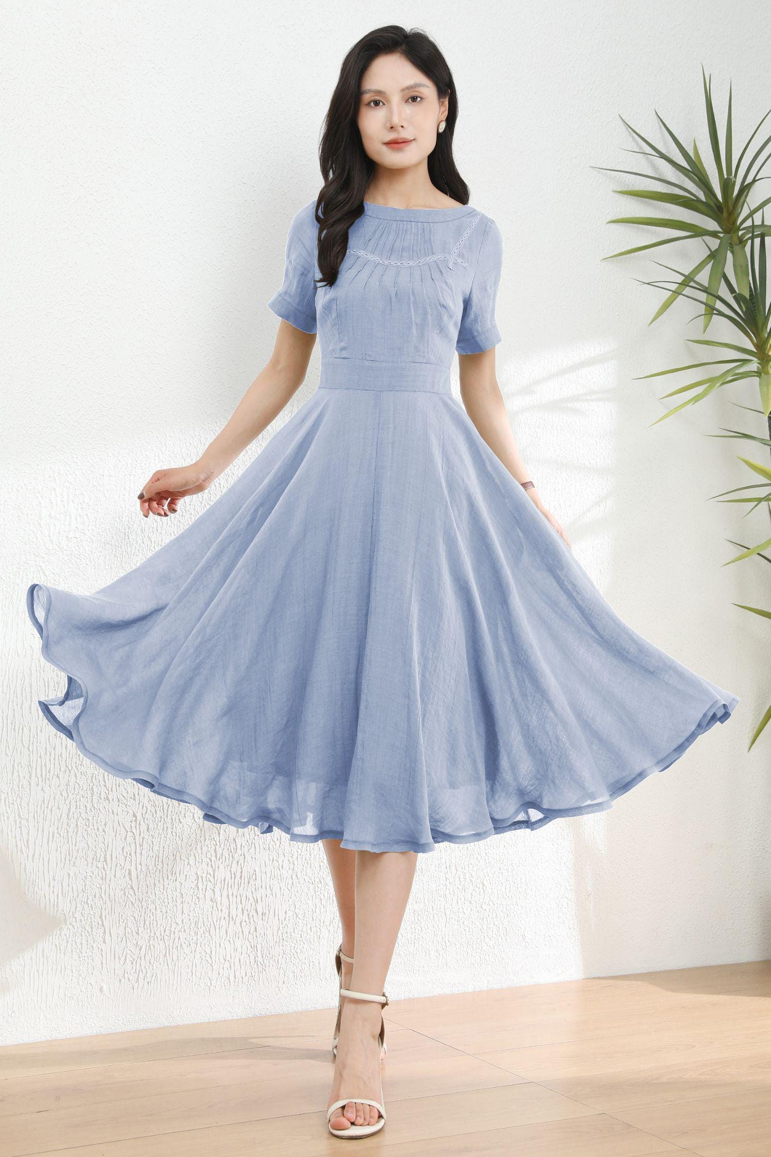 Light Blue Linen Dress: Short Sleeve Boat Neck Midi Dress, Ylistyle C5495