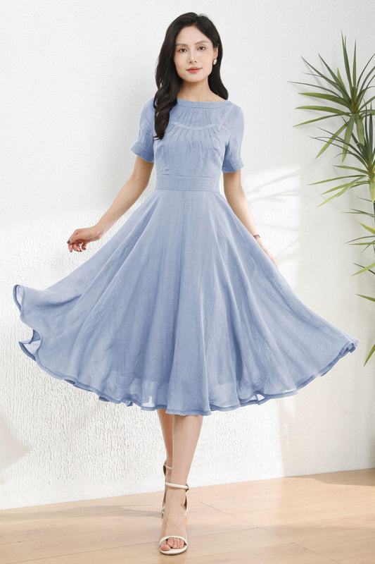 Light Blue Linen Dress: Short Sleeve Boat Neck Midi Dress, Ylistyle C5495