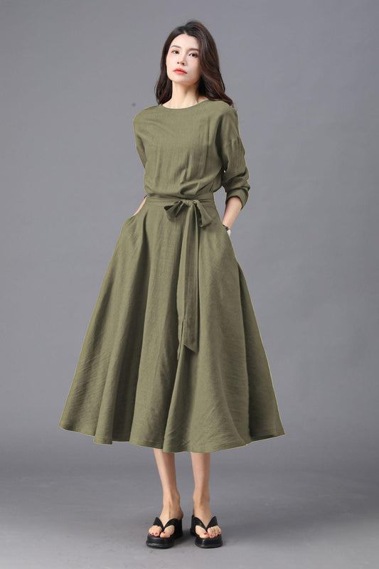 Army Green Midi Dress: Casual 3/4 Sleeve Dress with Pockets, Ylistyle C4828