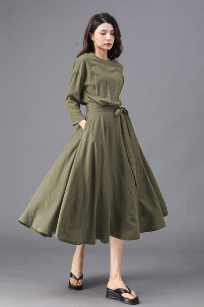 Army Green Midi Dress: Casual 3/4 Sleeve Dress with Pockets, Ylistyle C4828