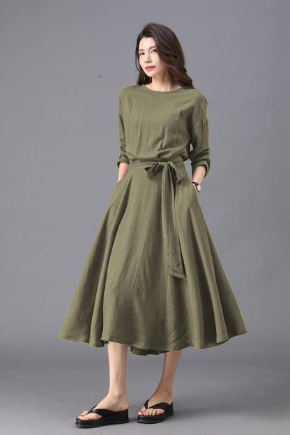 Army Green Midi Dress: Casual 3/4 Sleeve Dress with Pockets, Ylistyle C4828