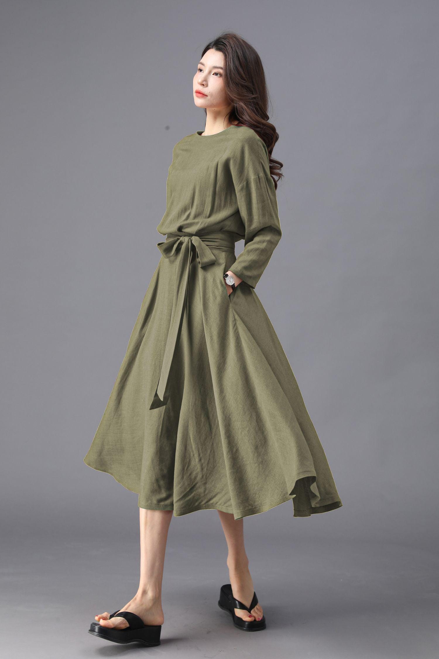 Army Green Midi Dress: Casual 3/4 Sleeve Dress with Pockets, Ylistyle C4828