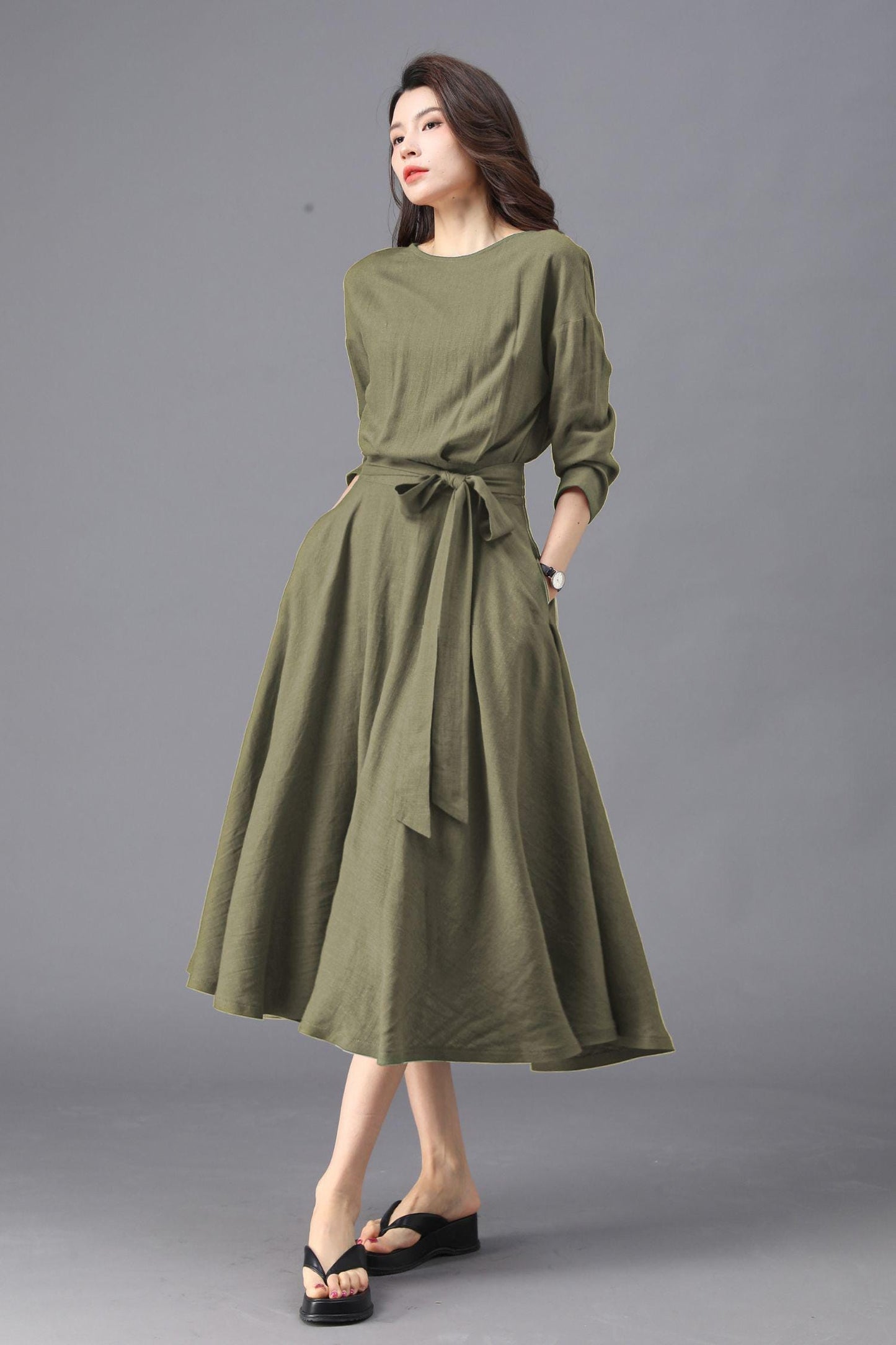 Army Green Midi Dress: Casual 3/4 Sleeve Dress with Pockets, Ylistyle C4828