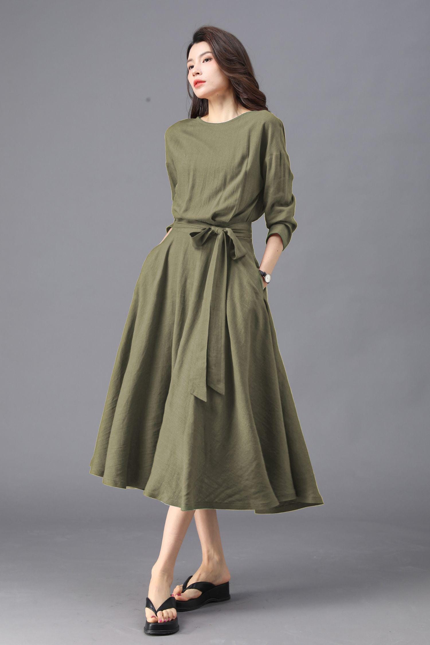 Army Green Midi Dress: Casual 3/4 Sleeve Dress with Pockets, Ylistyle C4828