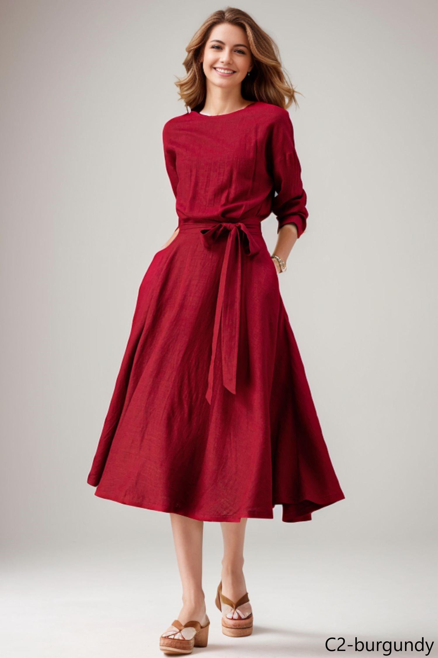 Army Green Midi Dress: Casual 3/4 Sleeve Dress with Pockets, Ylistyle C4828