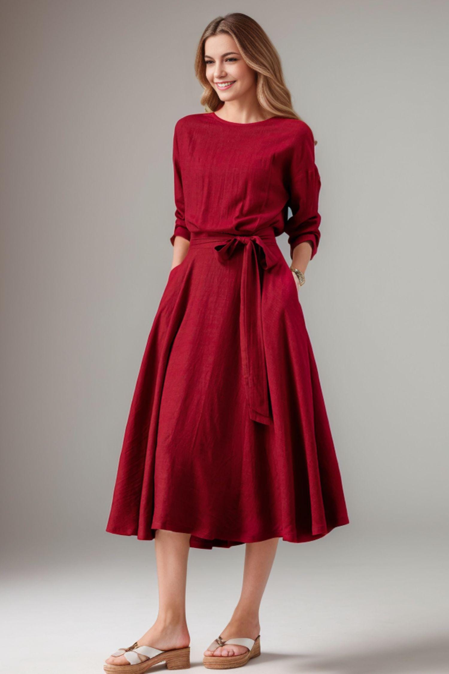 Army Green Midi Dress: Casual 3/4 Sleeve Dress with Pockets, Ylistyle C4828
