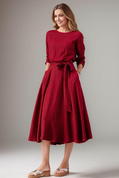 Army Green Midi Dress: Casual 3/4 Sleeve Dress with Pockets, Ylistyle C4828