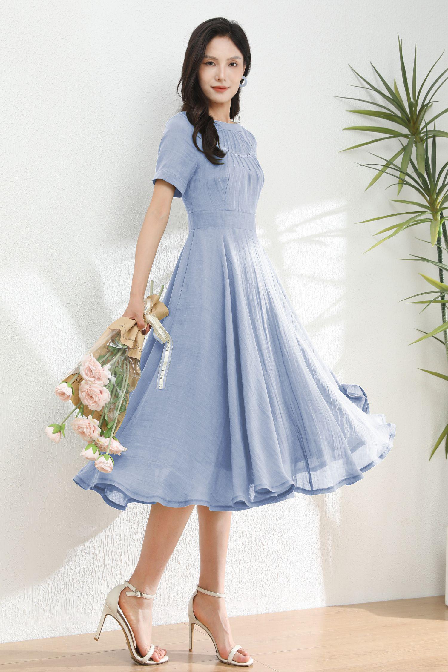 Light Blue Linen Dress: Short Sleeve Boat Neck Midi Dress, Ylistyle C5495