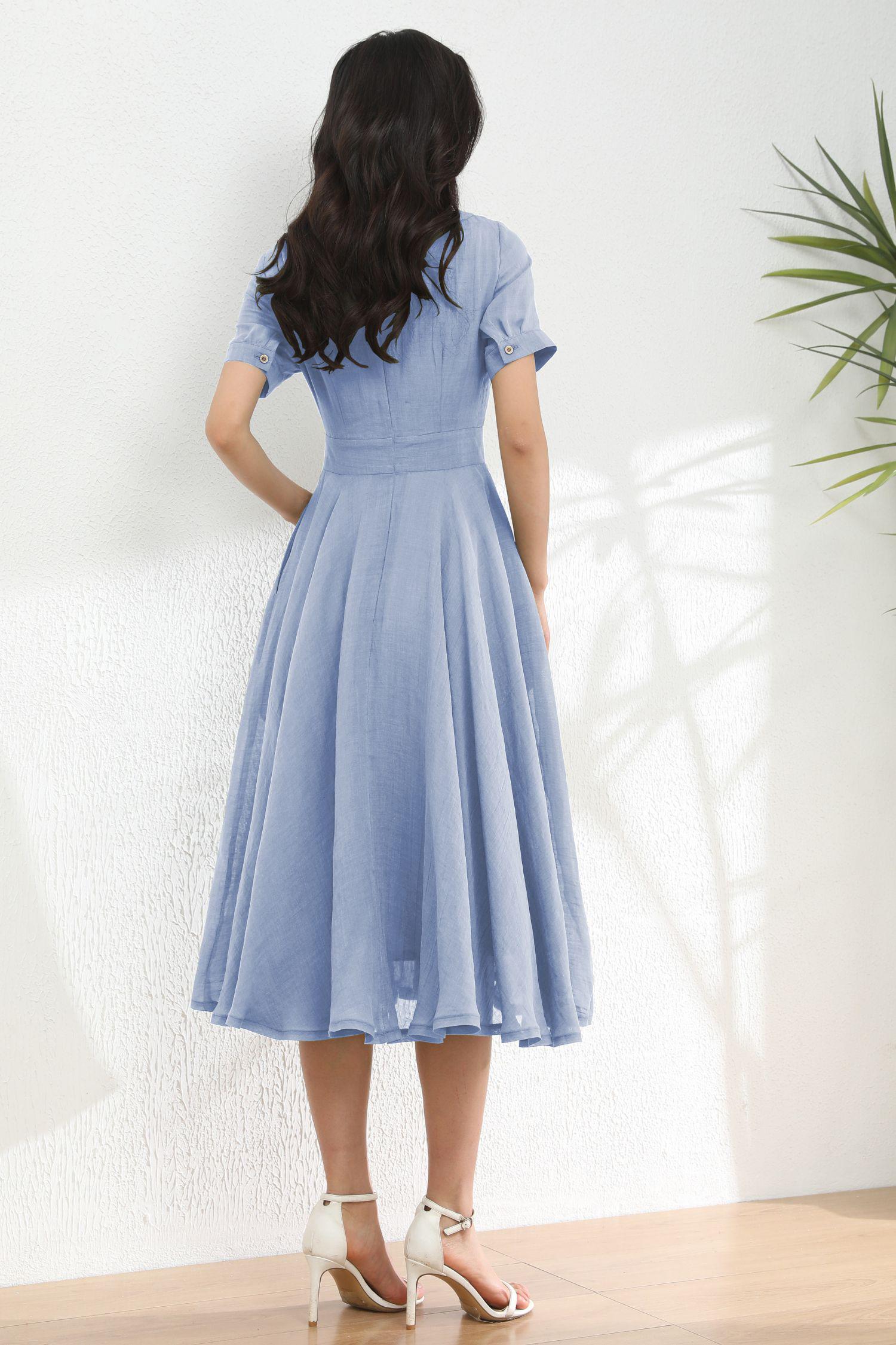 Light Blue Linen Dress: Short Sleeve Boat Neck Midi Dress, Ylistyle C5495
