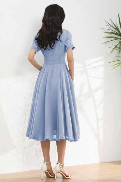 Light Blue Linen Dress: Short Sleeve Boat Neck Midi Dress, Ylistyle C5495