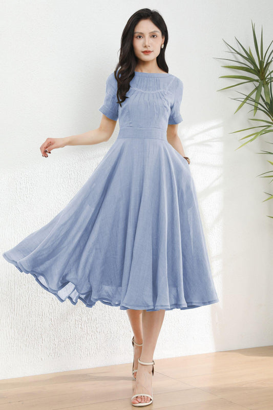 Light Blue Linen Dress: Short Sleeve Boat Neck Midi Dress, Ylistyle C5495
