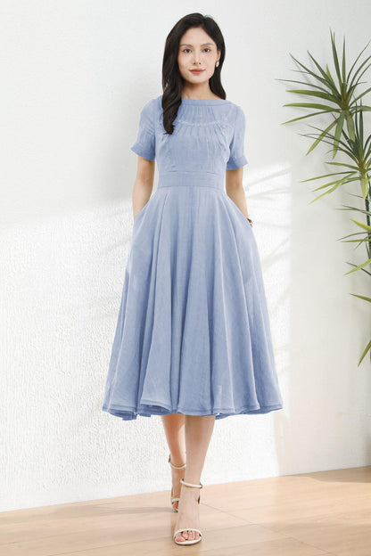 Light Blue Linen Dress: Short Sleeve Boat Neck Midi Dress, Ylistyle C5495