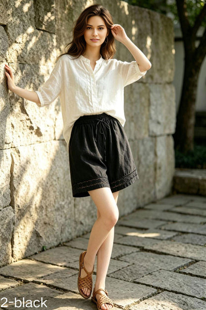 Olive Green Linen Shorts for Women, Boho High Waisted Summer Shorts with Lace Trim, Custom Shorts, Ylistyle C5532