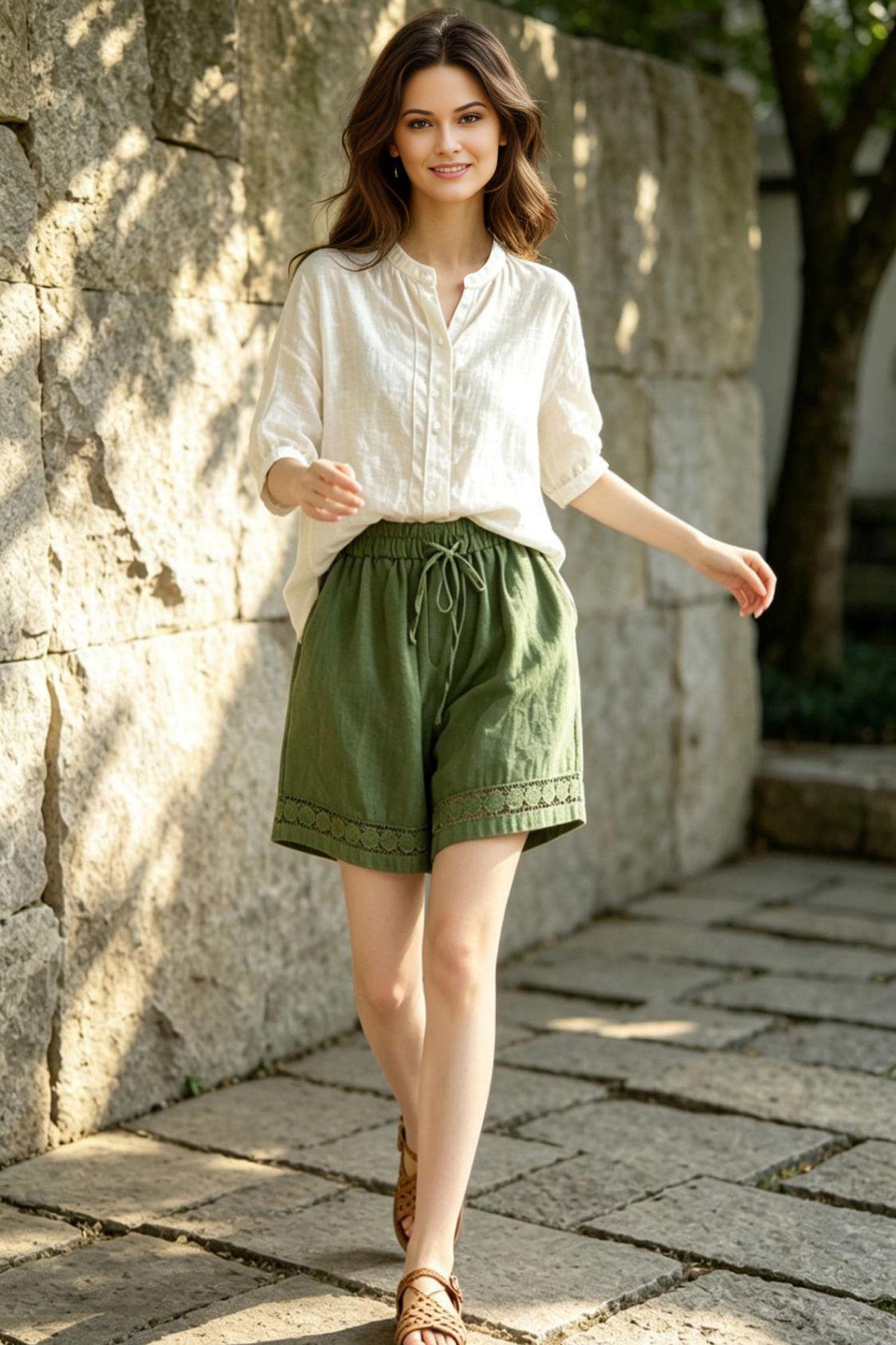 Olive Green Linen Shorts for Women, Boho High Waisted Summer Shorts with Lace Trim, Custom Shorts, Ylistyle C5532