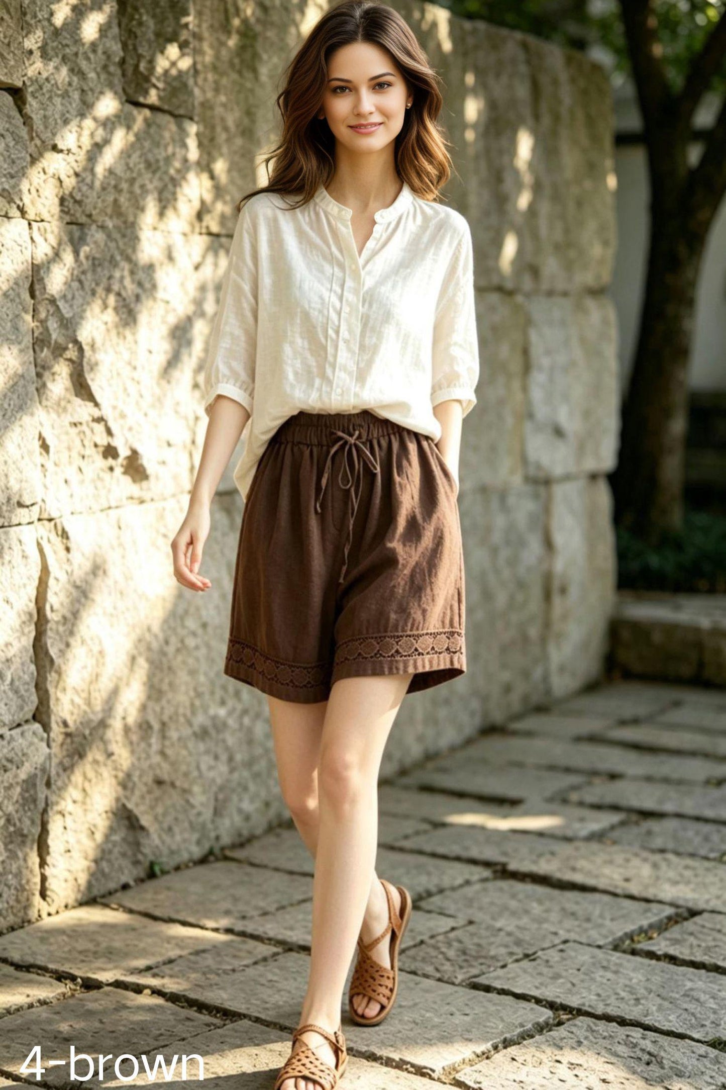 Olive Green Linen Shorts for Women, Boho High Waisted Summer Shorts with Lace Trim, Custom Shorts, Ylistyle C5532