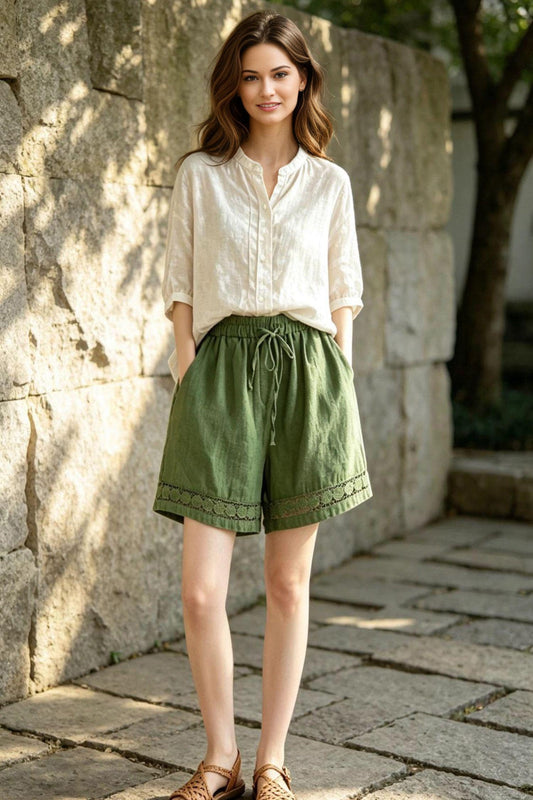 Olive Green Linen Shorts for Women, Boho High Waisted Summer Shorts with Lace Trim, Custom Shorts, Ylistyle C5532