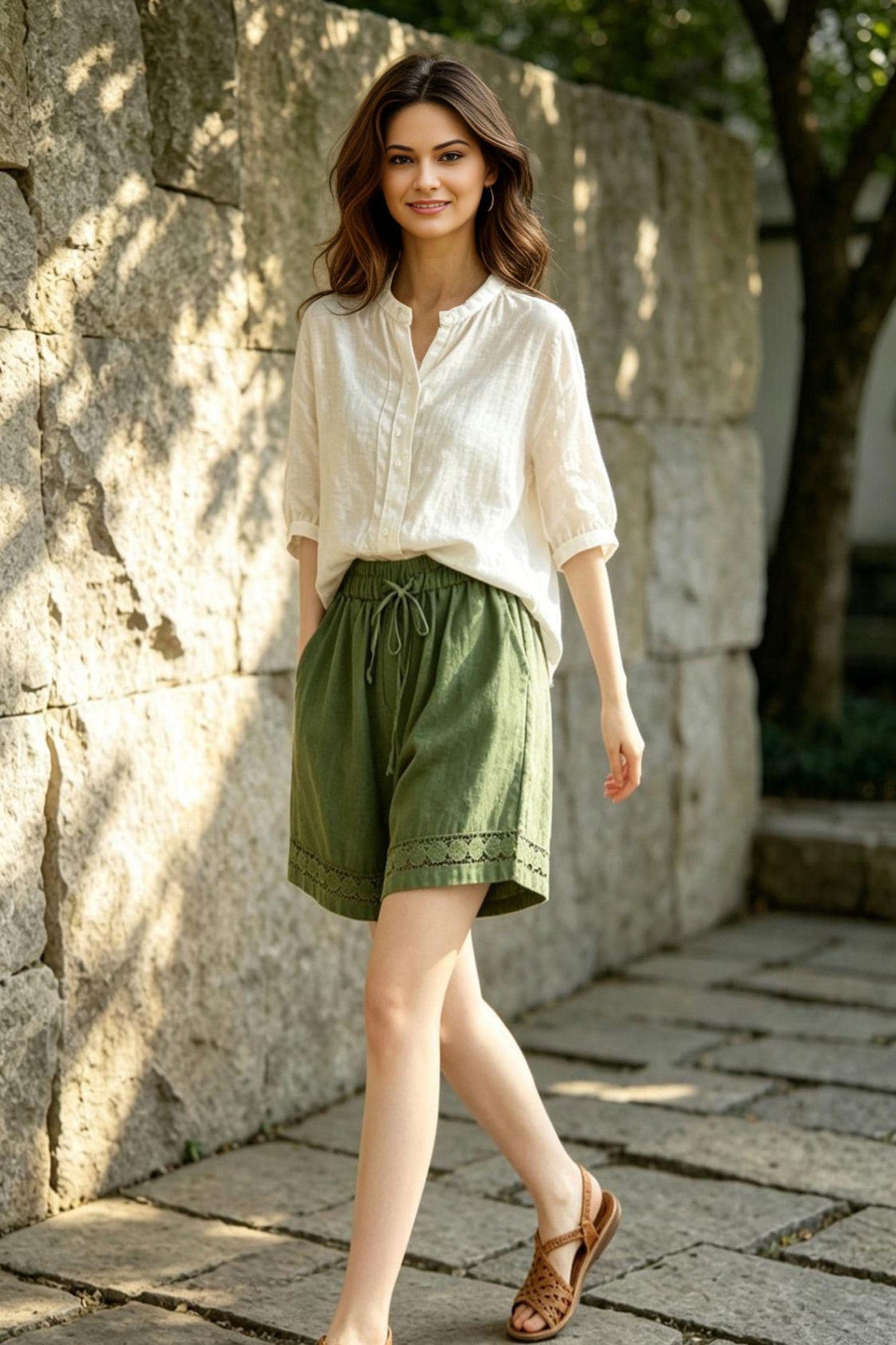 Olive Green Linen Shorts for Women, Boho High Waisted Summer Shorts with Lace Trim, Custom Shorts, Ylistyle C5532