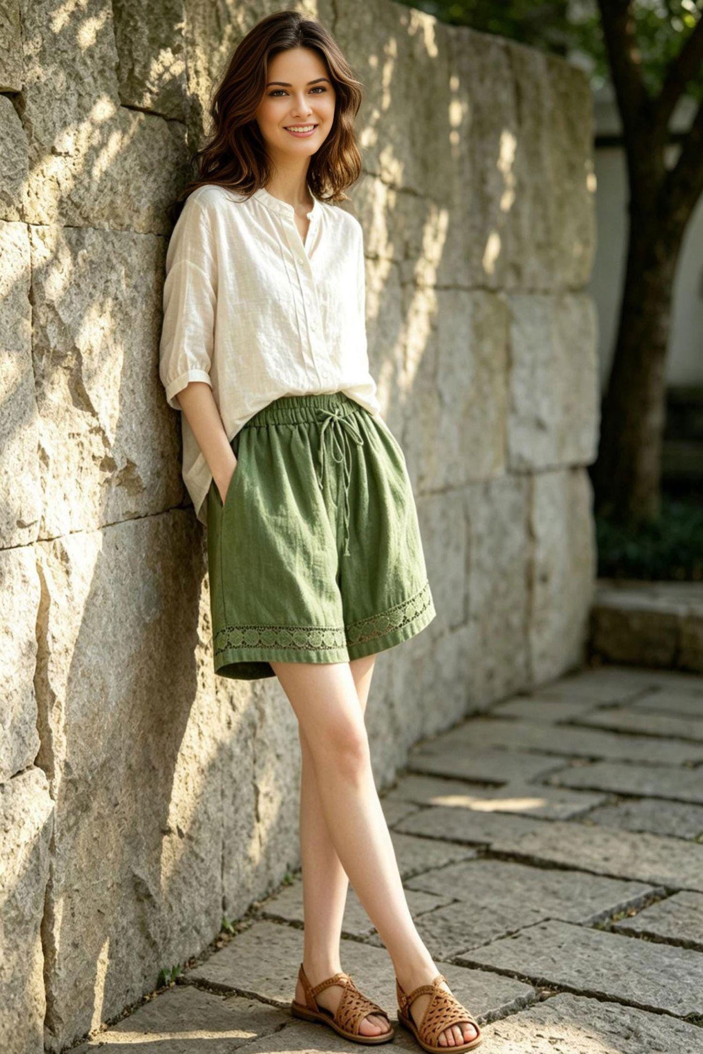 Olive Green Linen Shorts for Women, Boho High Waisted Summer Shorts with Lace Trim, Custom Shorts, Ylistyle C5532